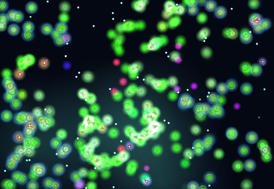An epidemic sweeping the pond: sick creatures ringed in sulphur, survivors in dashed blue, and every case sitting in a blue disc of water where the disease can be caught