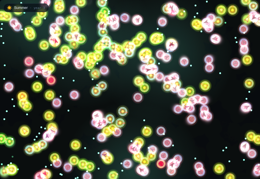A pond where creatures call to one another, ringed in warm and cool colours